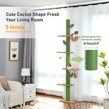 Two cats play on the KittyNook Cat Co. Stylish Cat Climbing Tower, a tall green cactus-shaped tree with 5 levels.